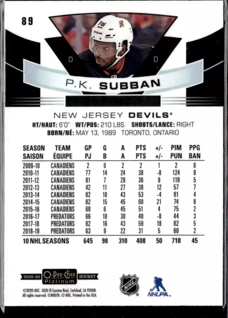 2019-20 O-Pee-Chee Platinum #89 P.K. Subban 1