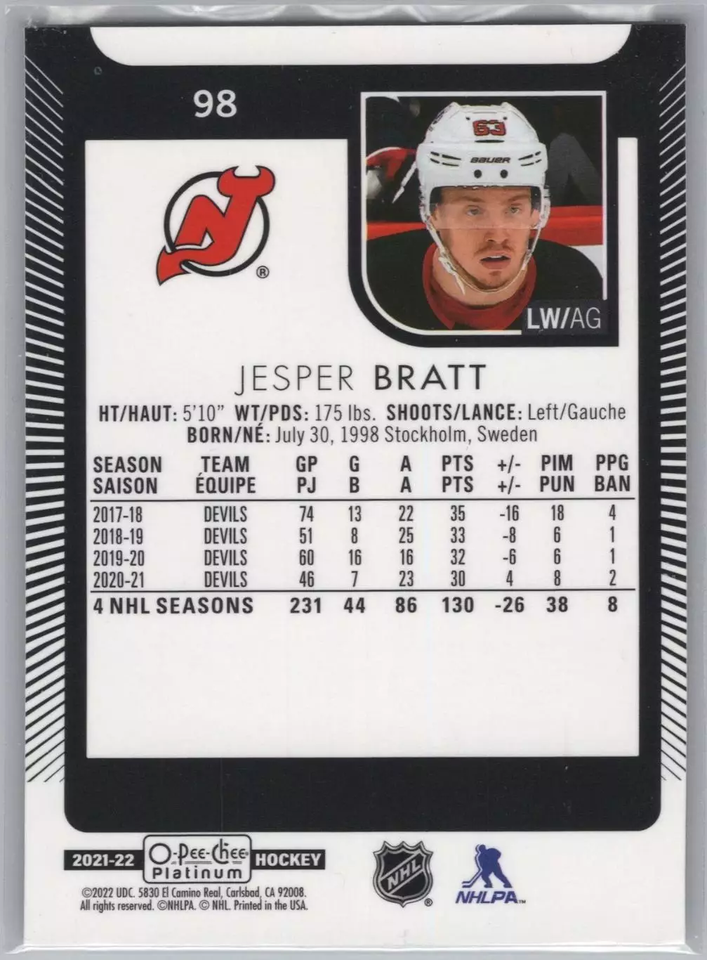 2021-22 O-Pee-Chee Platinum #98 Jesper Bratt 1