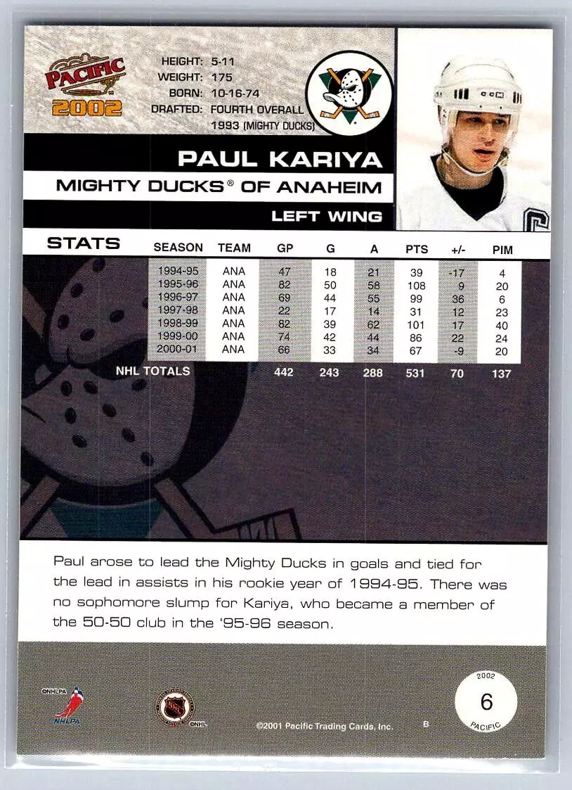 2001-02 Pacific #6 Paul Kariya 1