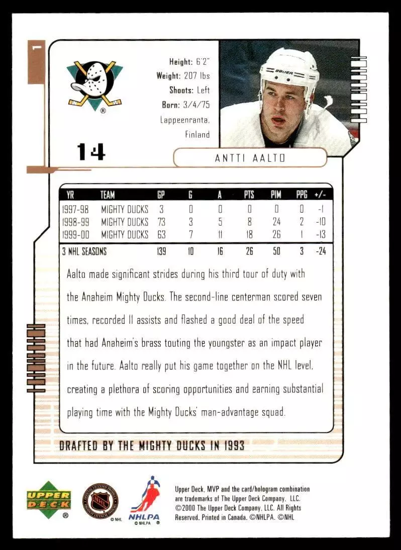 2000-01 Upper Deck MVP #1 Antti Aalto 1