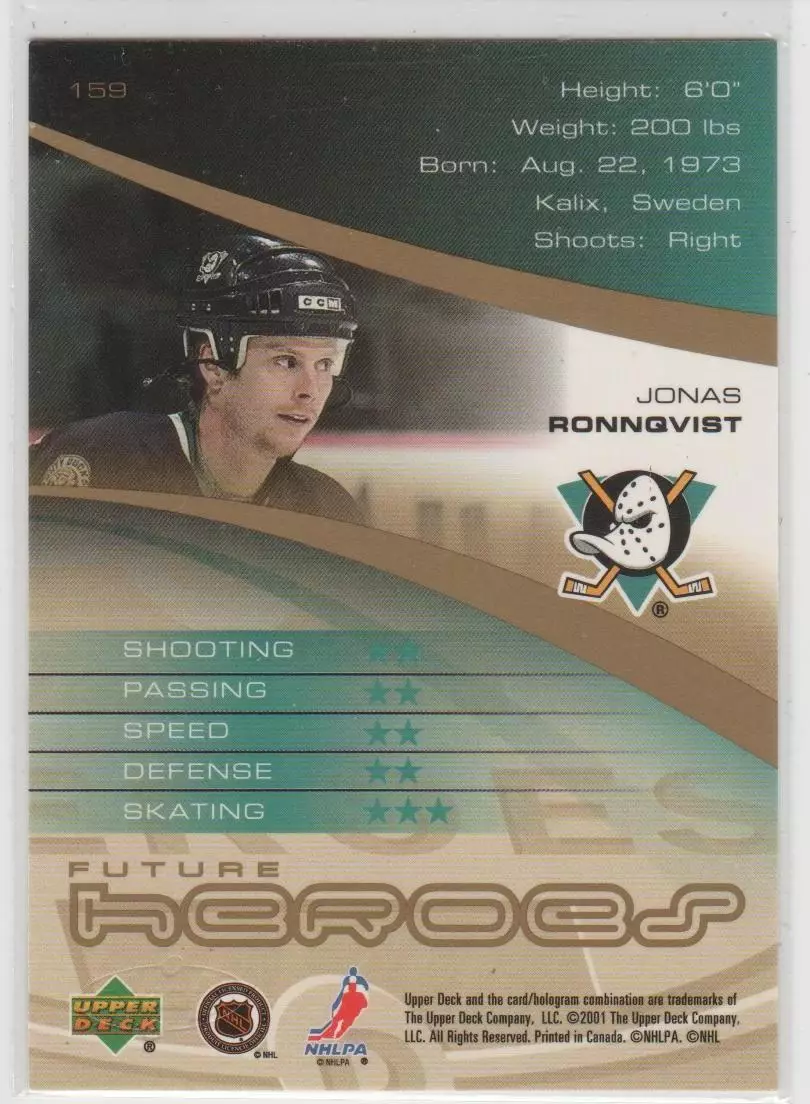 2000-01 Upper Deck Heroes #159 Jonas Ronnqvist RC 1