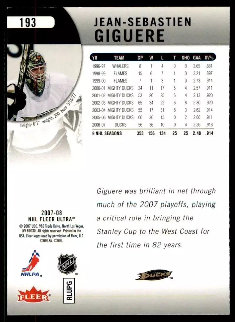 2007-08 Ultra #193 Jean-Sebastien Giguere 1