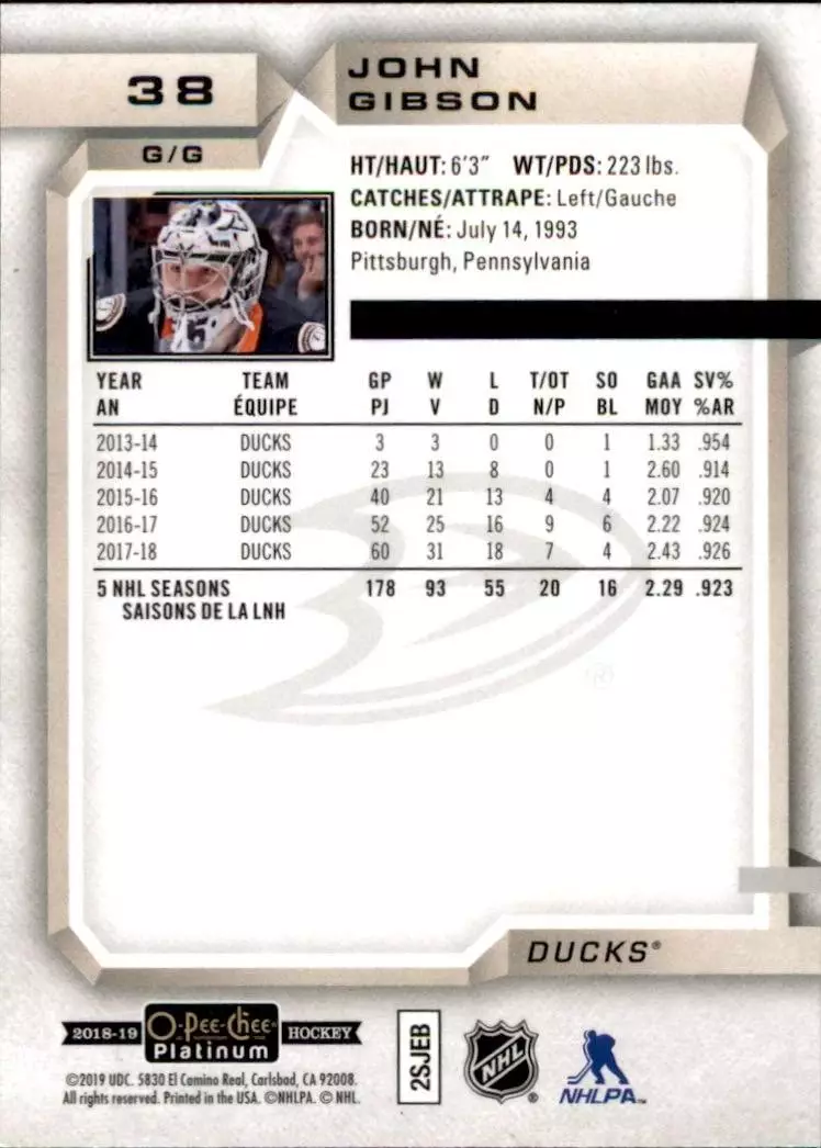 2018-19 O-Pee-Chee Platinum #38 John Gibson 1