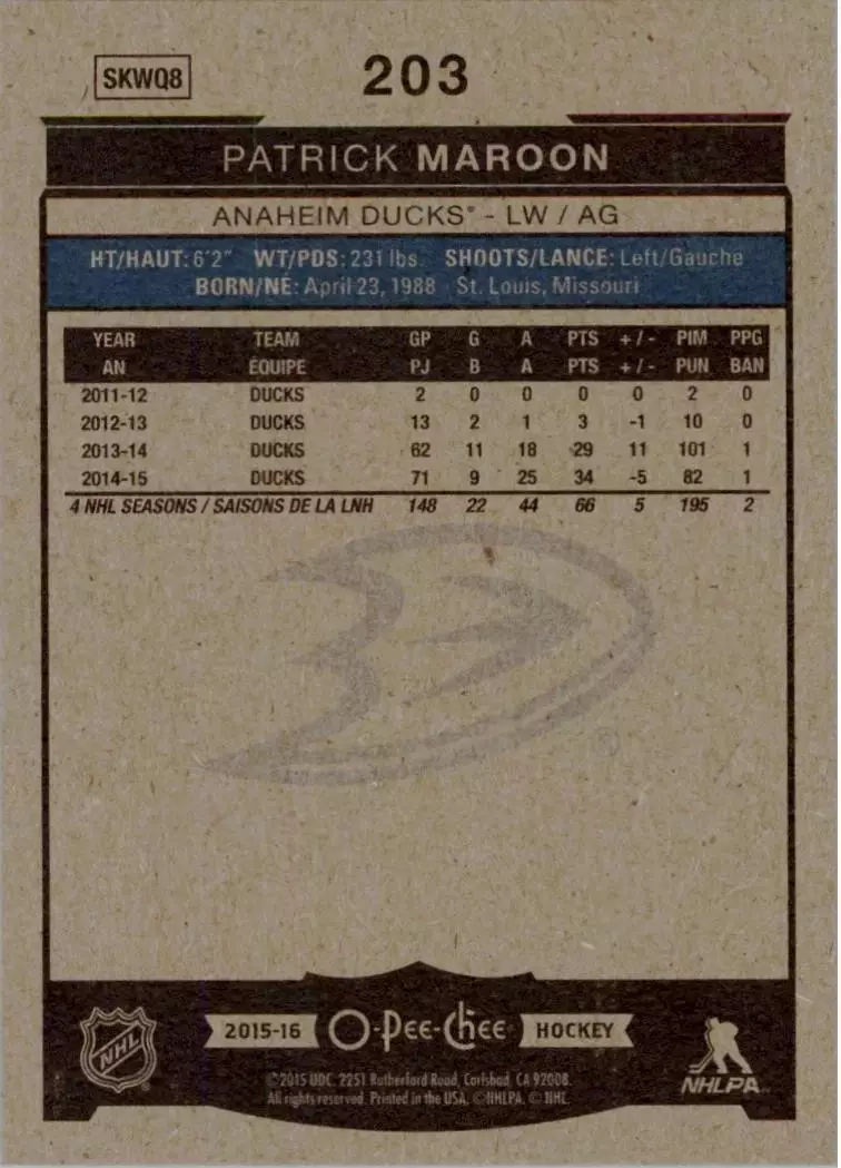 2015-16 O-Pee-Chee #203 Pat Maroon 1