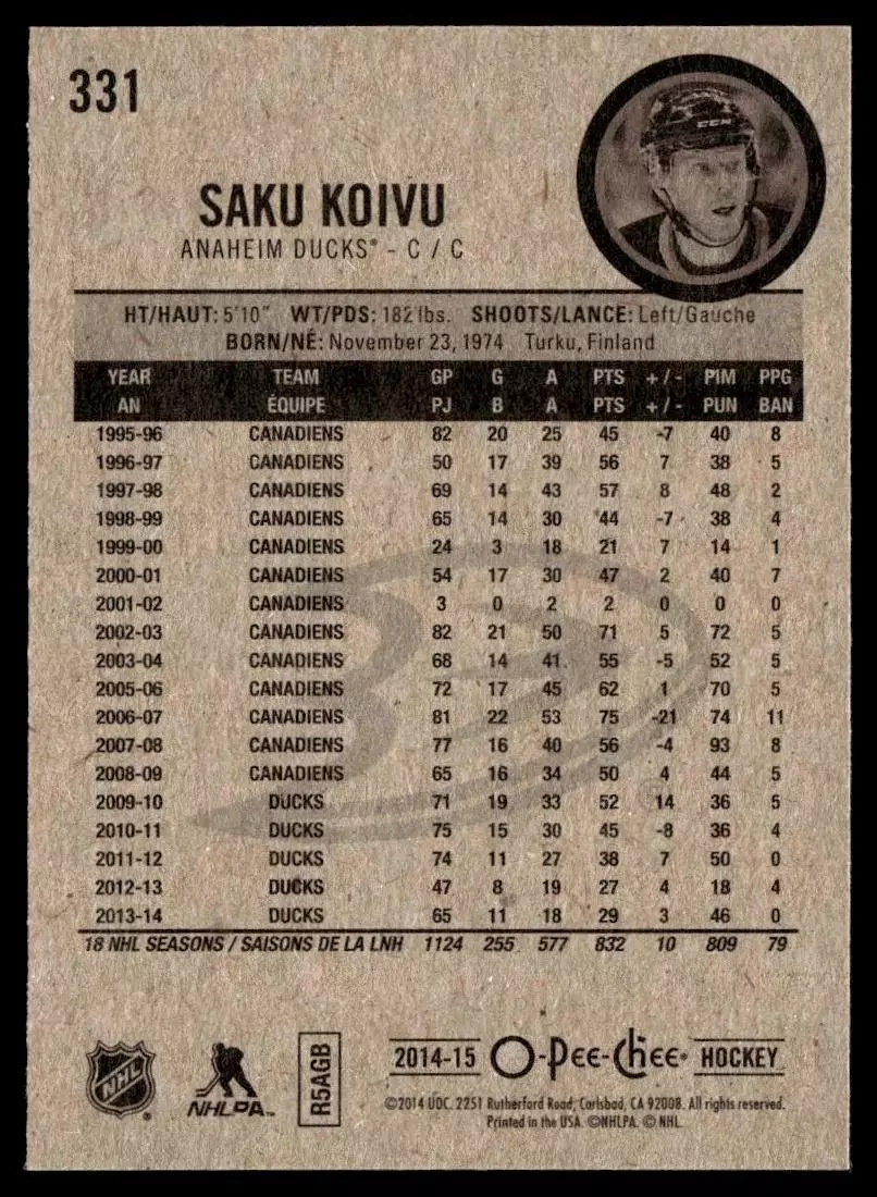 2014-15 O-Pee-Chee #331 Saku Koivu 1