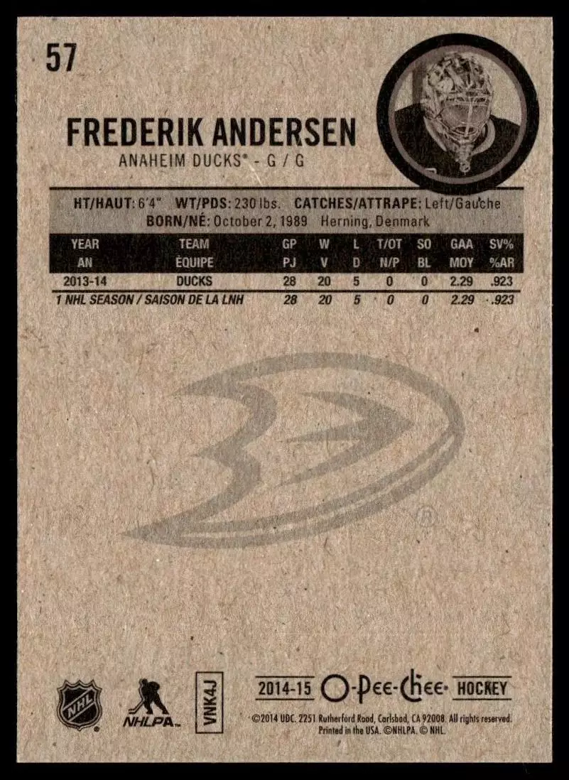 2014-15 O-Pee-Chee #57 Frederik Andersen 1