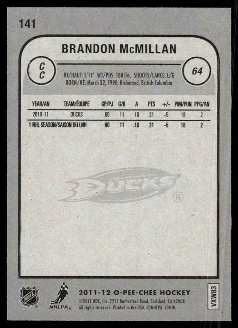 2011-12 O-Pee-Chee #141 Brandon McMillan 1