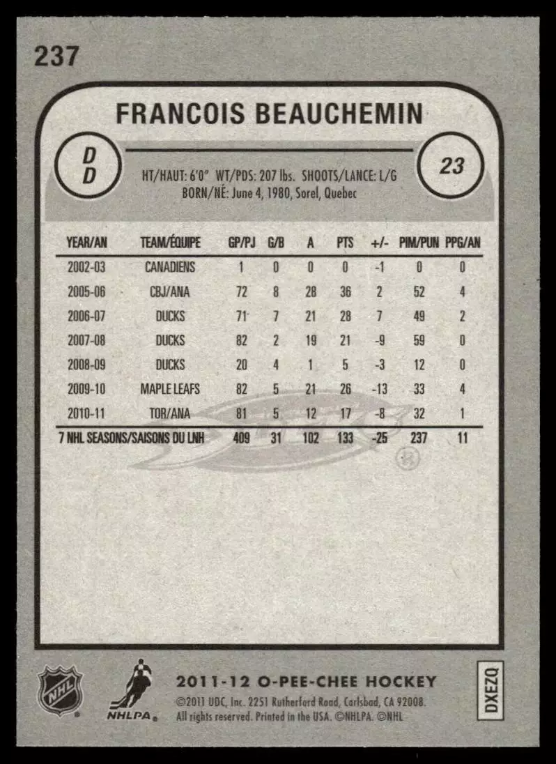 2011-12 O-Pee-Chee #237 Francois Beauchemin 1