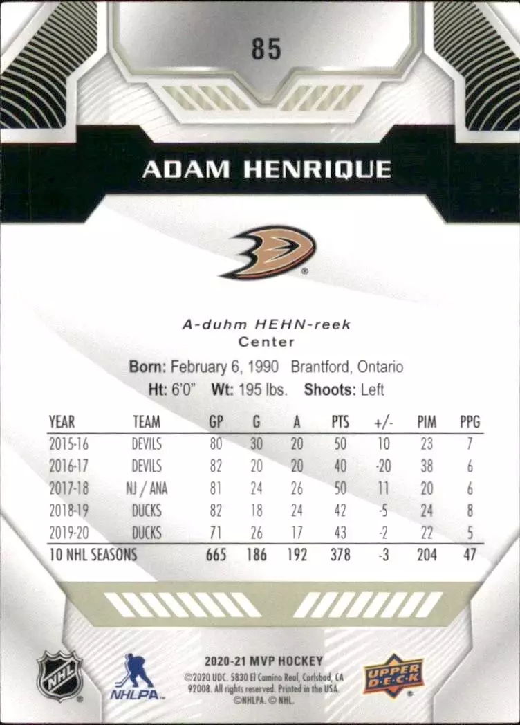 2020-21 Upper Deck MVP #85 Adam Henrique 1