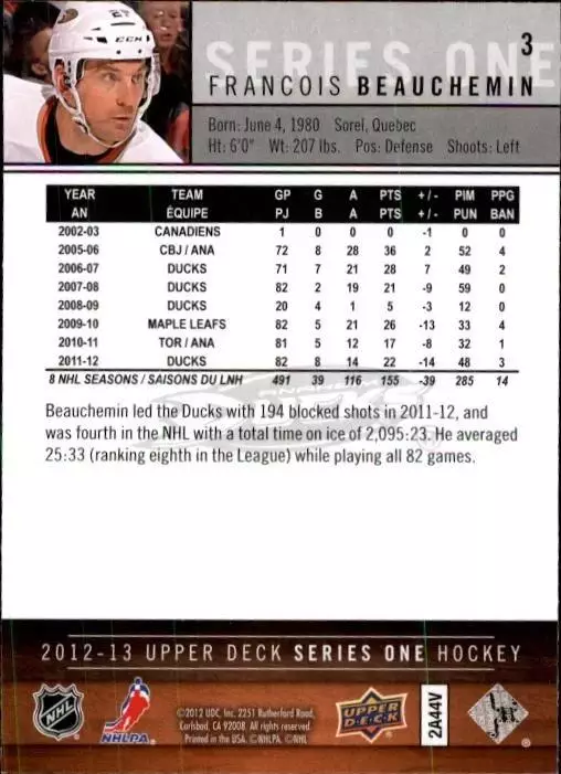 2012-13 Upper Deck #3 Francois Beauchemin 1