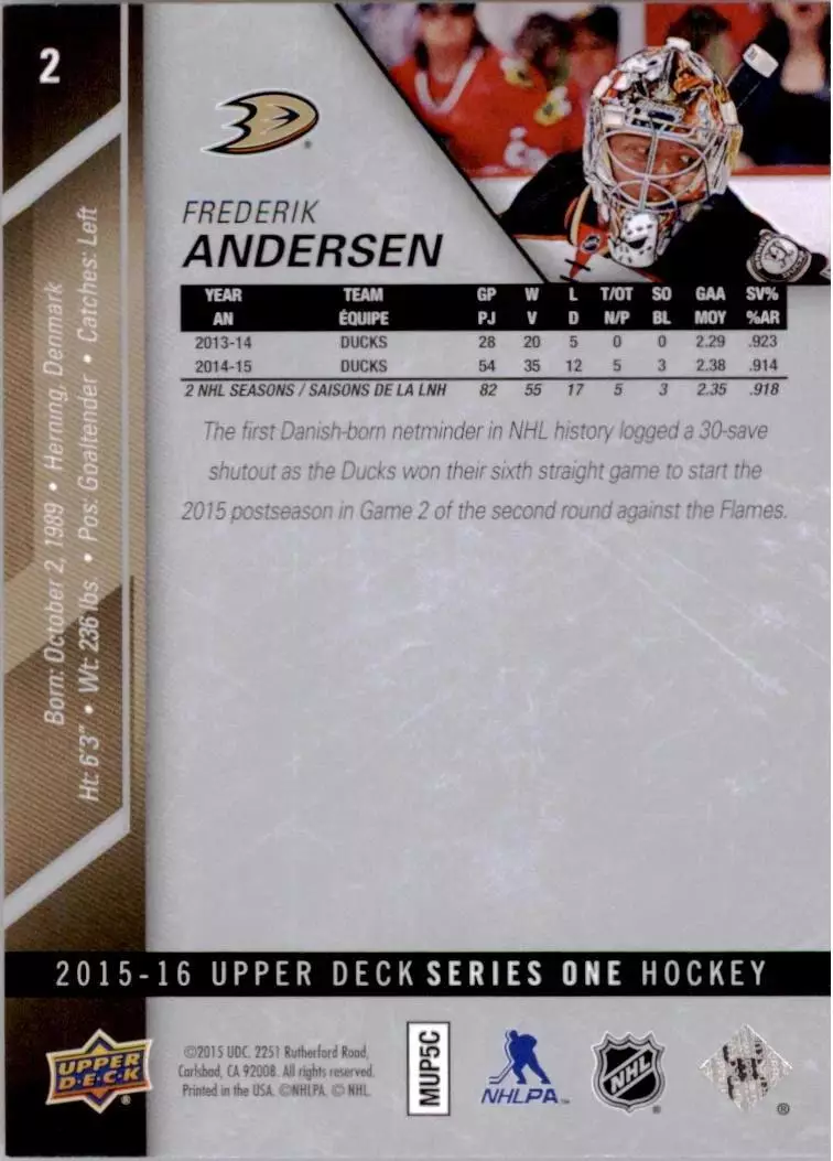 2015-16 Upper Deck #2 Frederik Andersen 1