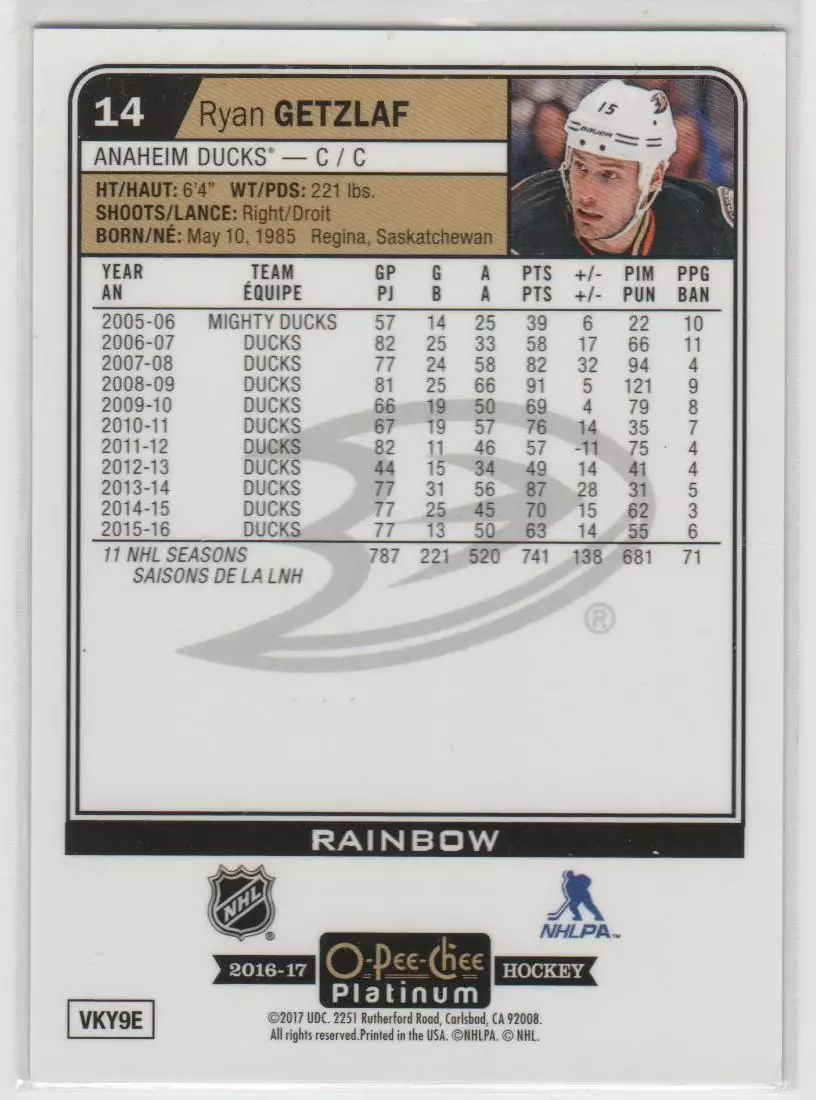 2016-17 O-Pee-Chee Platinum Rainbow #14 Ryan Getzlaf 1