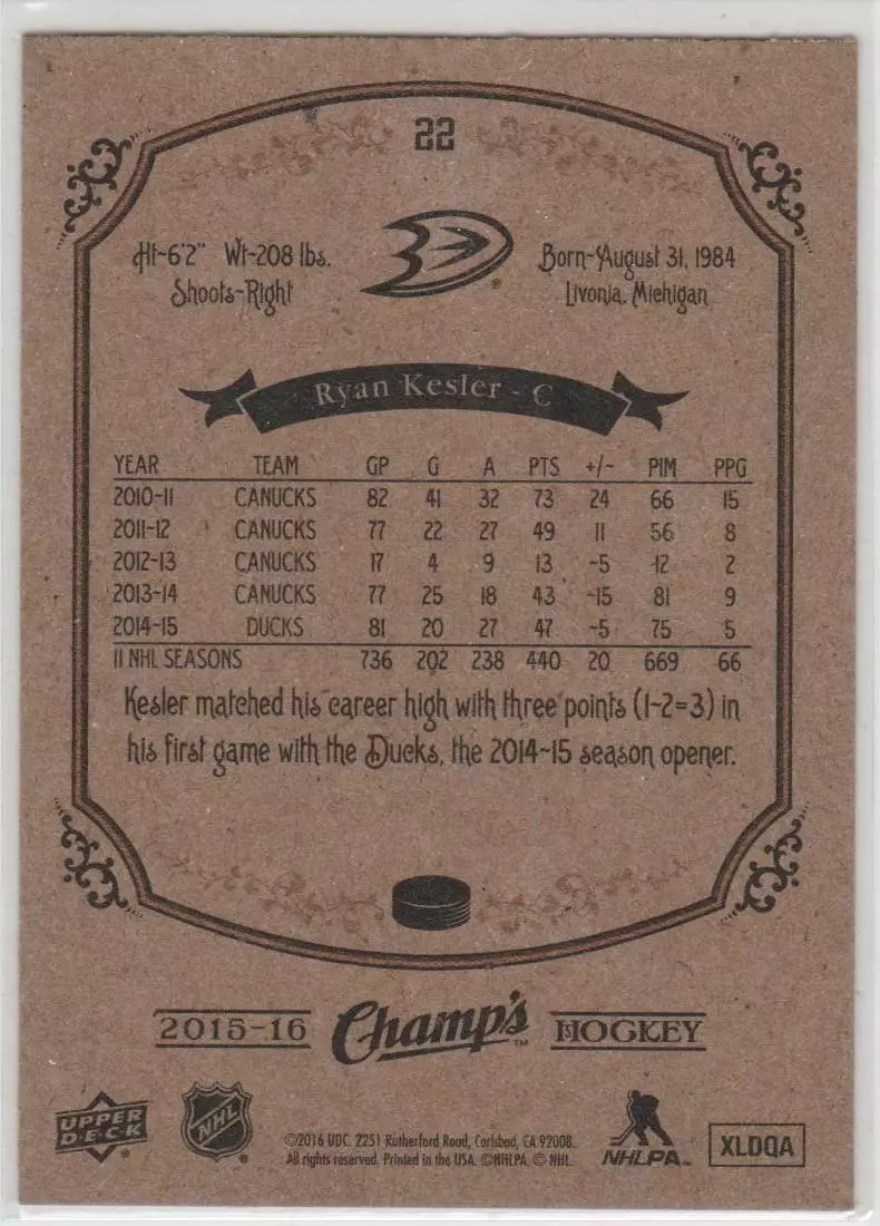 2015-16 Upper Deck Champ's Gold Variant Front #22 Ryan Kesler 1