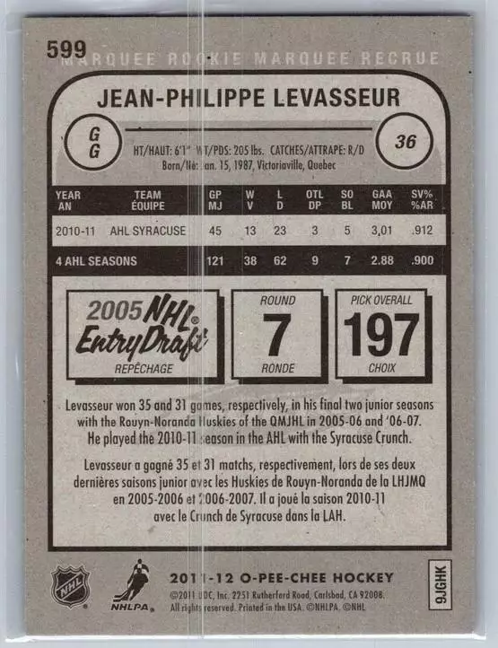 2011-12 O-Pee-Chee #599 Jean-Philippe Levasseur 1