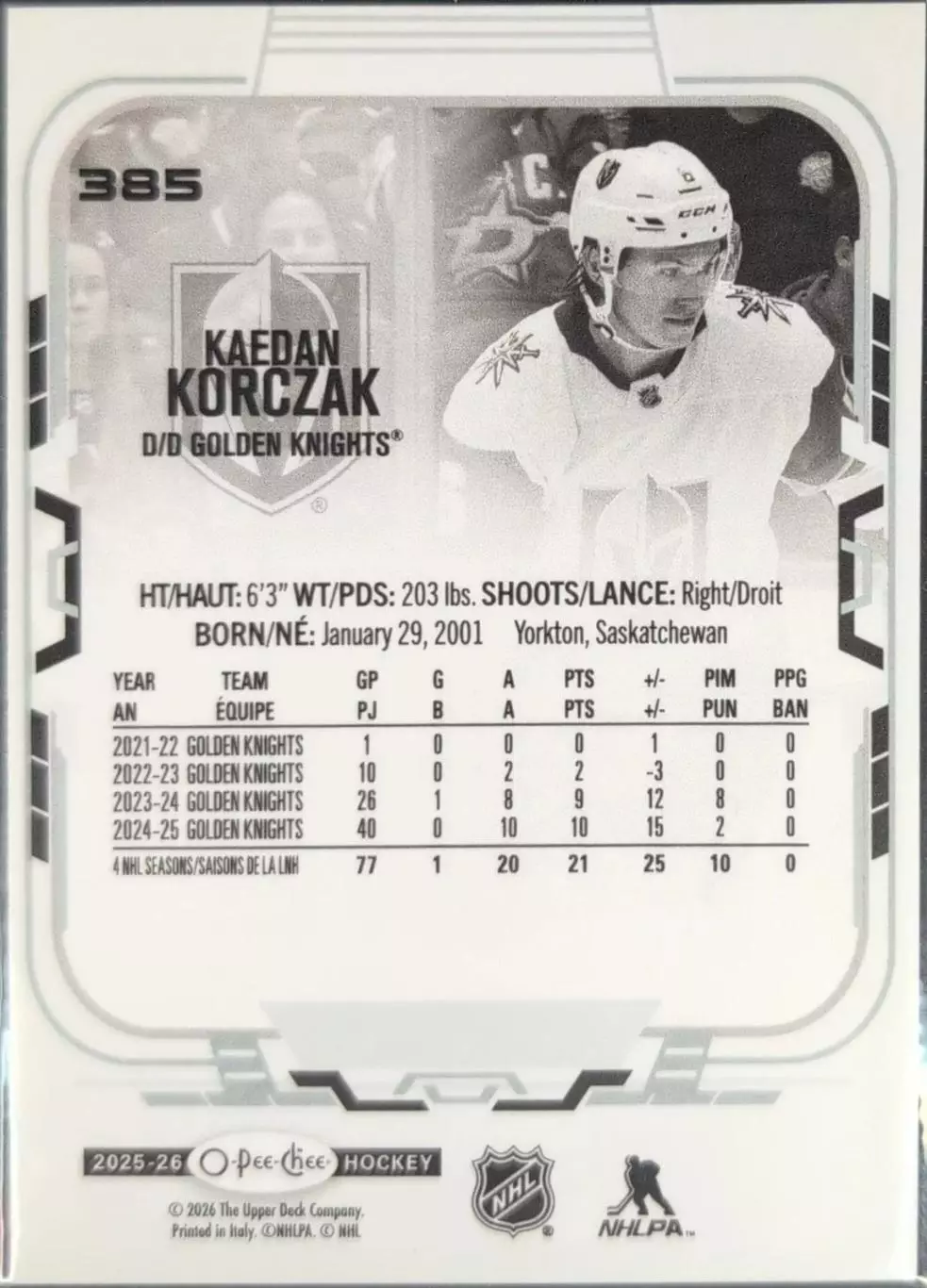2025-26 O-Pee-Chee #385 Kaedan Korczak 1