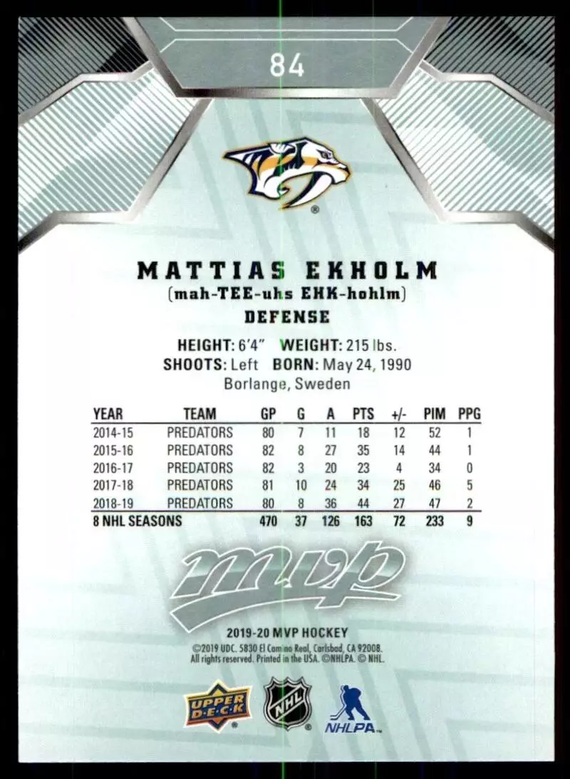 2019-20 Upper Deck MVP #84 Mattias Ekholm 1