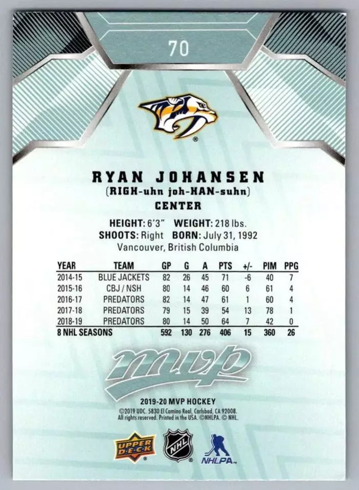 2019-20 Upper Deck MVP #70 Ryan Johansen 1