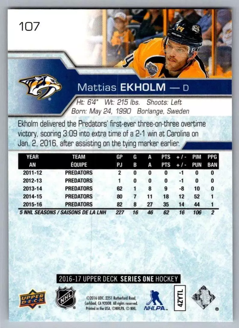 2016-17 Upper Deck #107 Mattias Ekholm 1