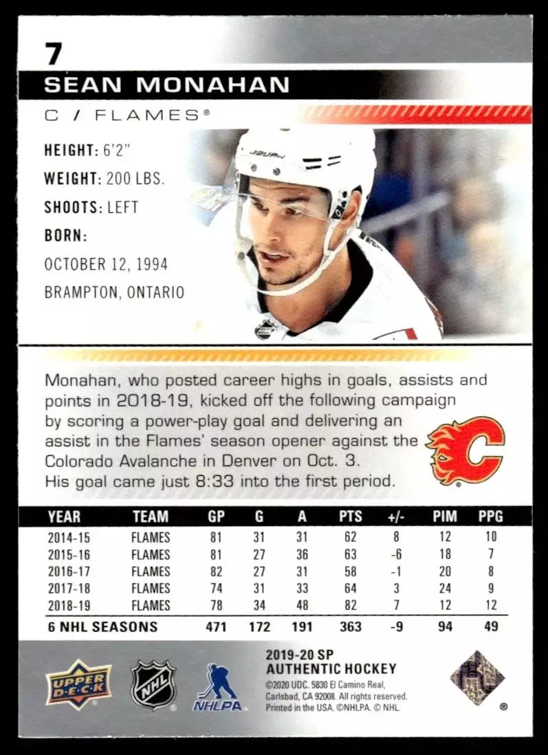 2019-20 SP Authentic #7 Sean Monahan 1