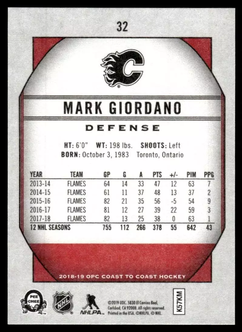 2018-19 O-Pee-Chee Coast to Coast #32 Mark Giordano 1