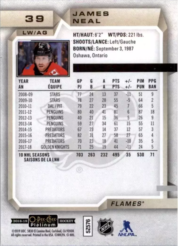 2018-19 O-Pee-Chee Platinum #39 James Neal 1