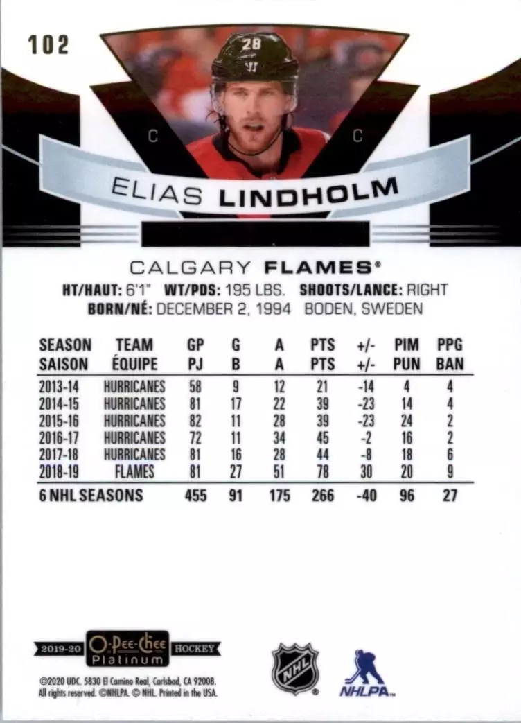 2019-20 O-Pee-Chee Platinum #102 Elias Lindholm 1