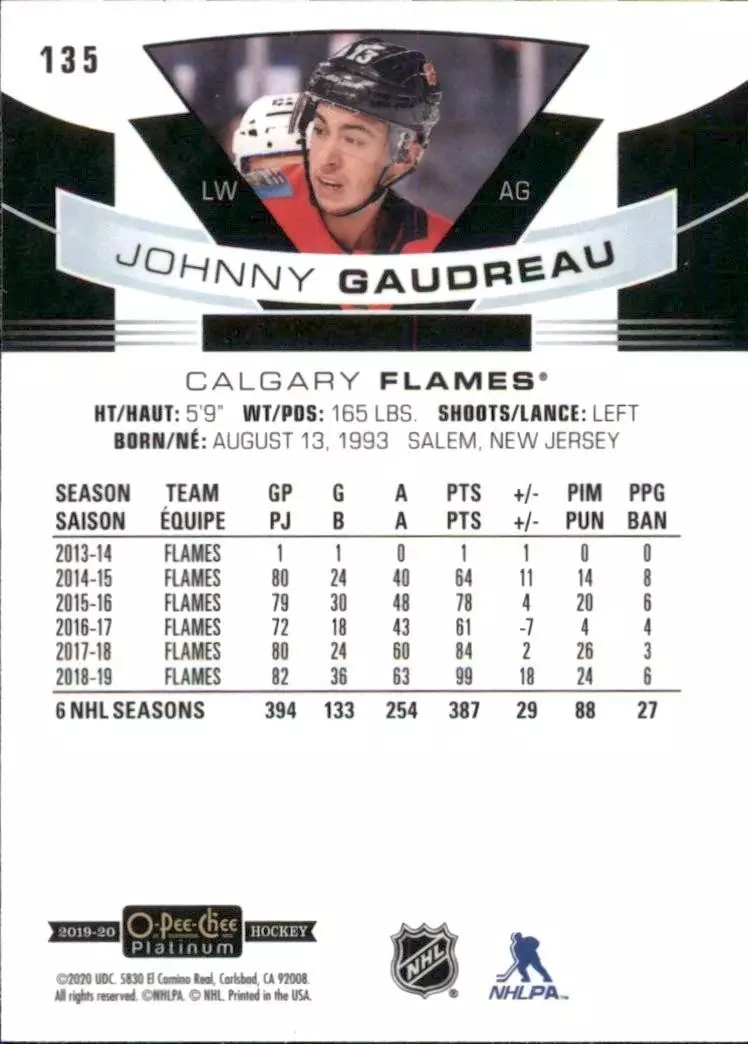 2019-20 O-Pee-Chee Platinum #135 Johnny Gaudreau 1
