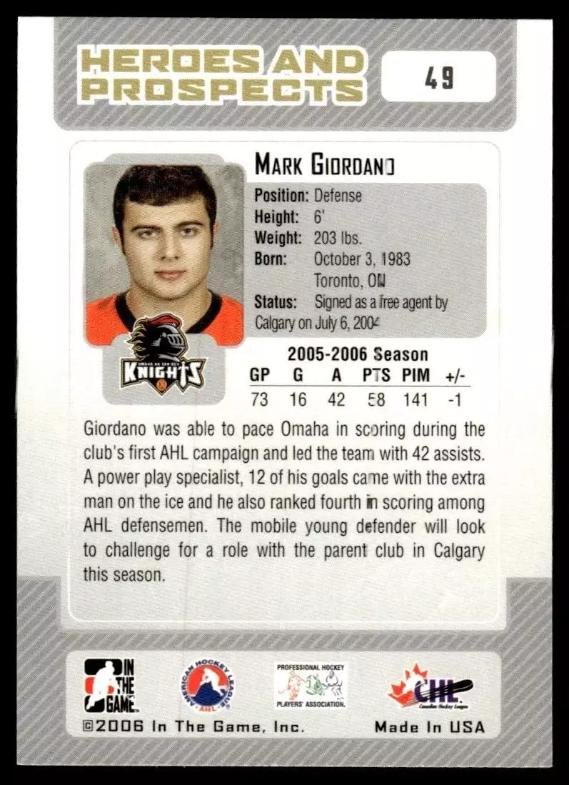 2006-07 ITG Heroes and Prospects #49 Mark Giordano \ Dynamo Moskva 1