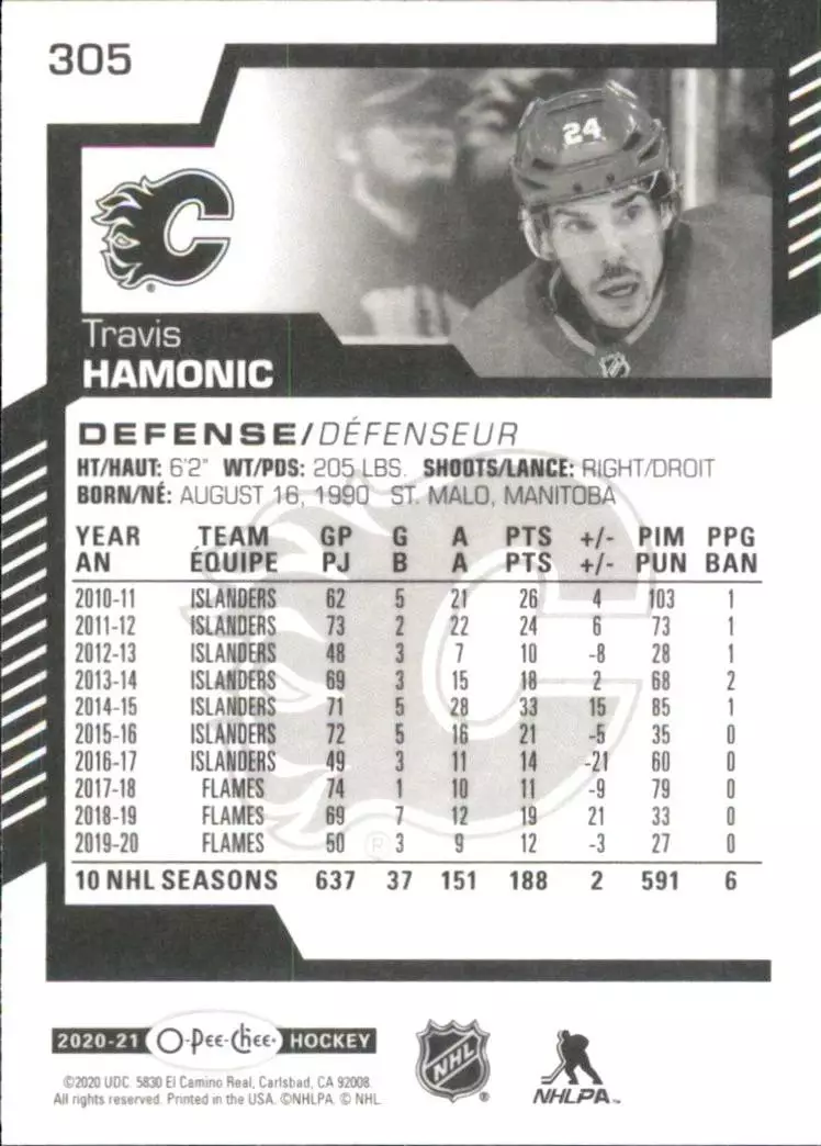 2020-21 O-Pee-Chee #305 Travis Hamonic 1