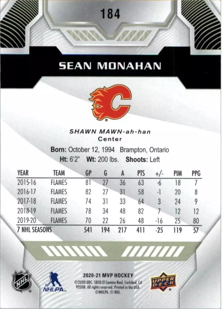2020-21 Upper Deck MVP #184 Sean Monahan 1