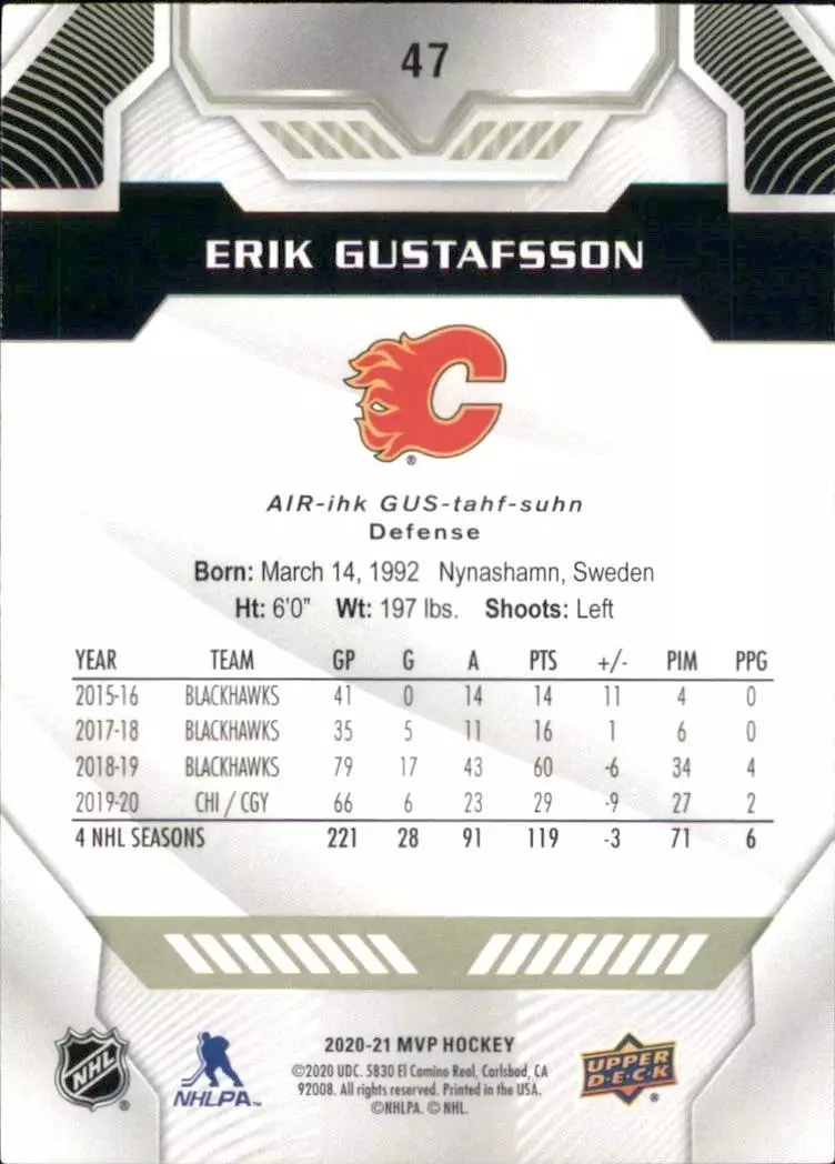2020-21 Upper Deck MVP #47 Erik Gustafsson 1
