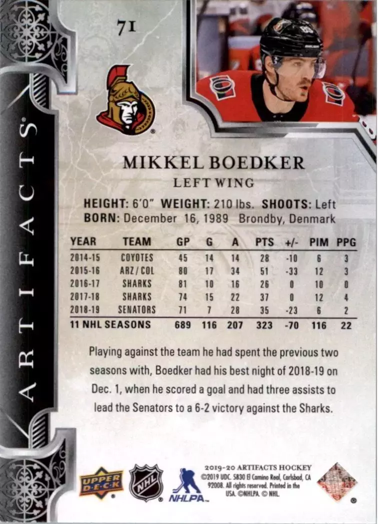 2019-20 Artifacts #71 Mikkel Boedker 1