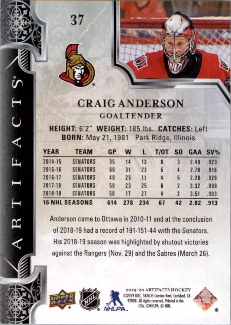 2019-20 Artifacts #37 Craig Anderson 1