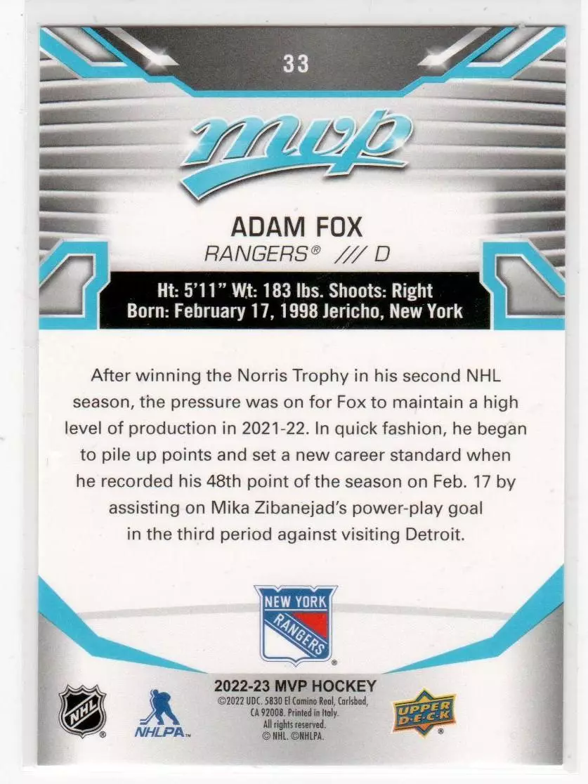 2022-23 Upper Deck MVP #33 Adam Fox 1