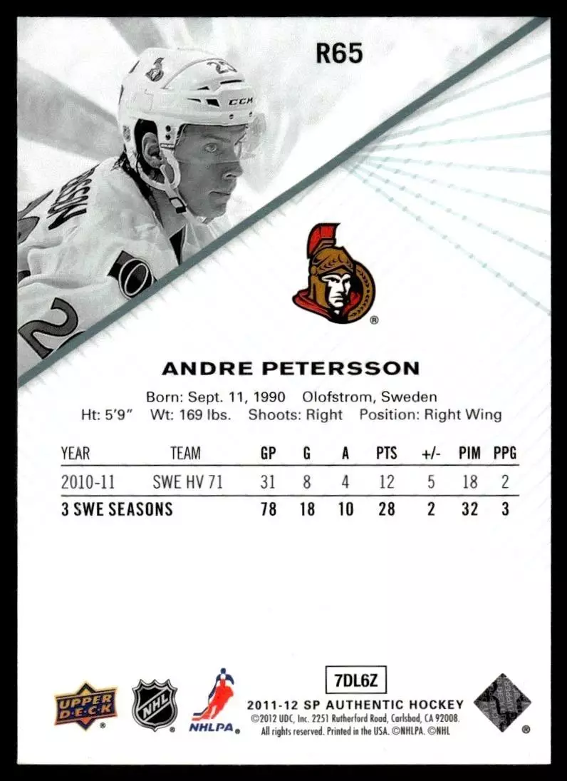 2011-12 SP Authentic Rookie Extended #R65 Andre Petersson 1