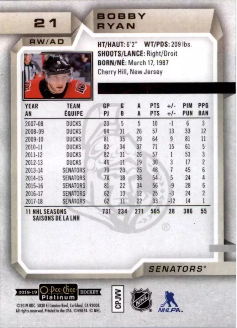 2018-19 O-Pee-Chee Platinum #21 Bobby Ryan 1