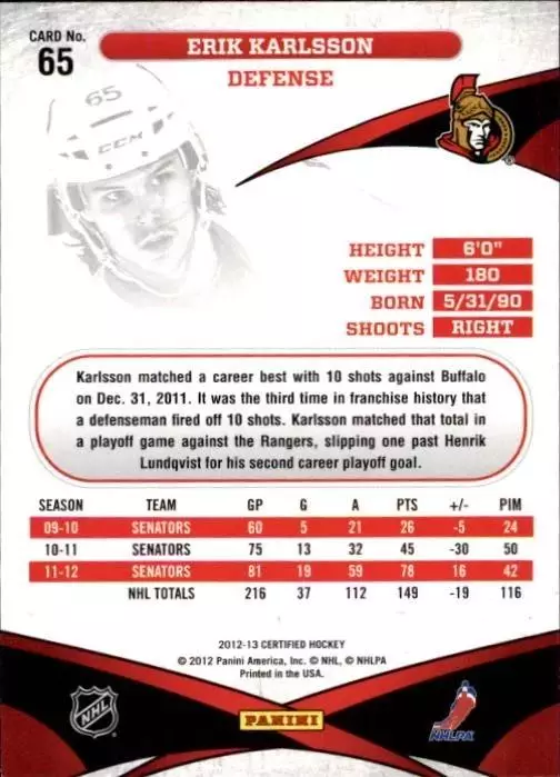 2012-13 Certified #65 Erik Karlsson 1