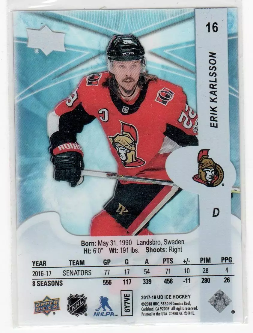 2017-18 Upper Deck Ice #16 Erik Karlsson 1