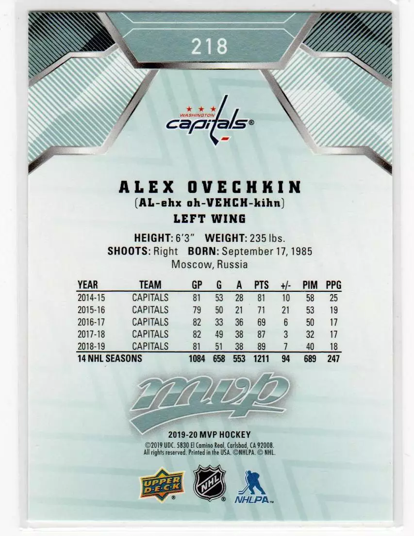 2019-20 Upper Deck MVP #218 Alexander Ovechkin SP 1