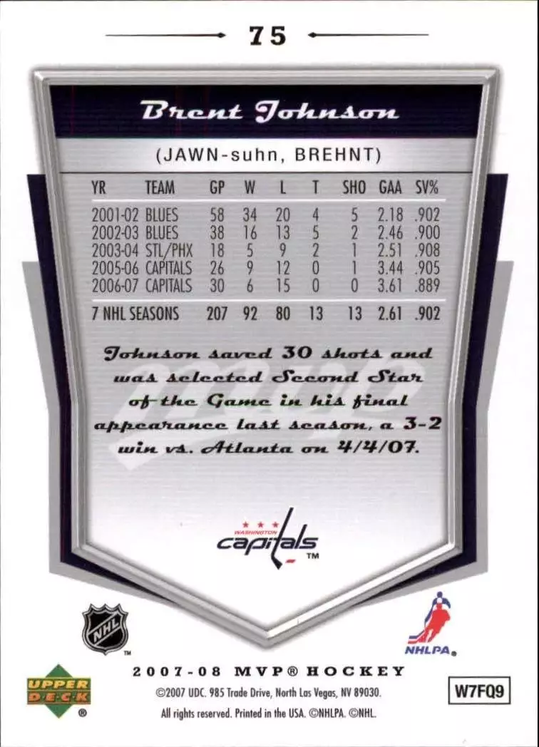 2007-08 Upper Deck MVP #75 Brent Johnson 1