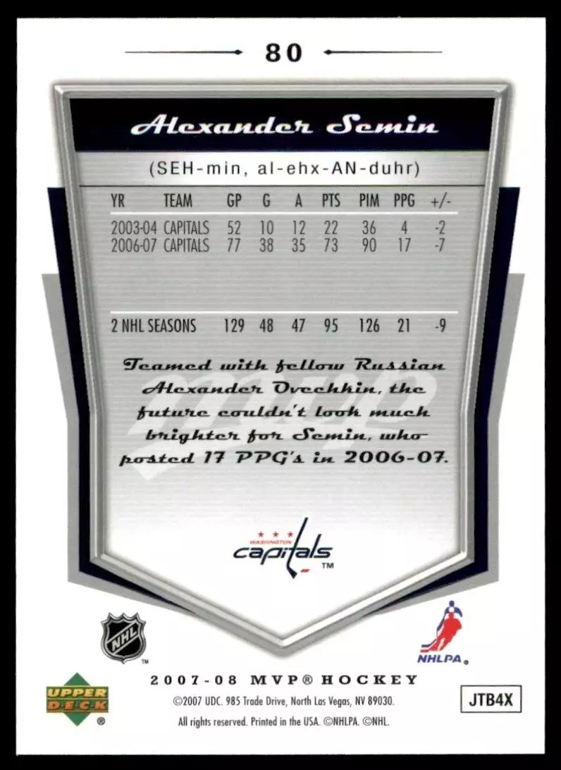 2007-08 Upper Deck MVP #80 Alexander Semin 1
