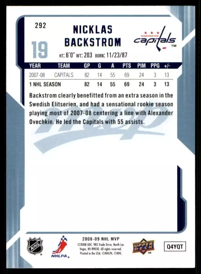 2008-09 Upper Deck MVP #292 Nicklas Backstrom 1