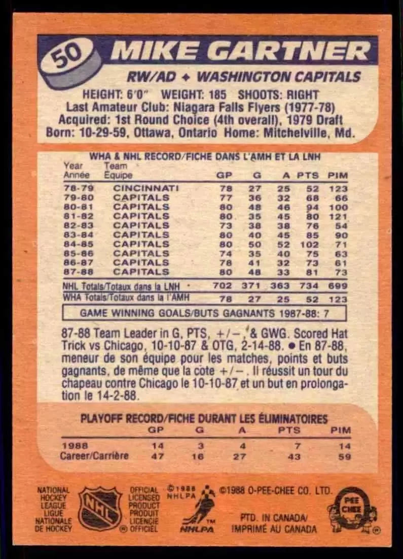 1988-89 O-Pee-Chee #50 Mike Gartner 1