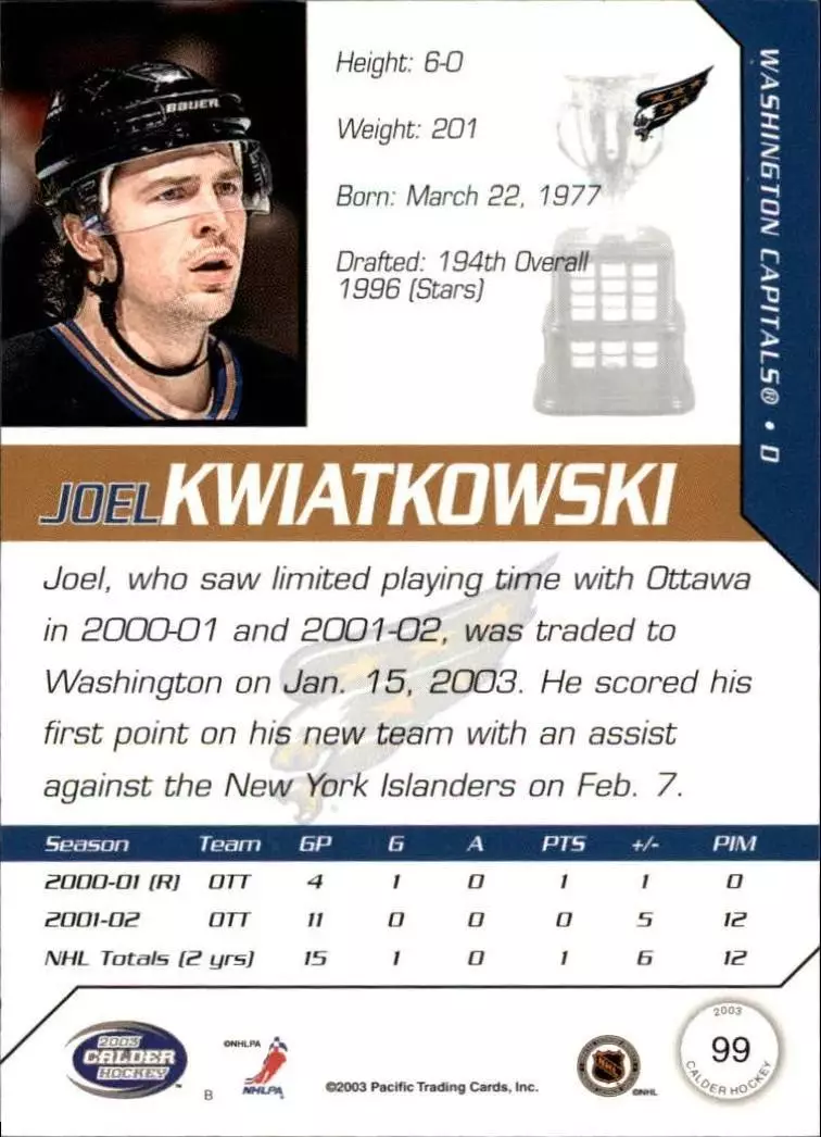 2002-03 Pacific Calder #99 Joel Kwiatkowski 1