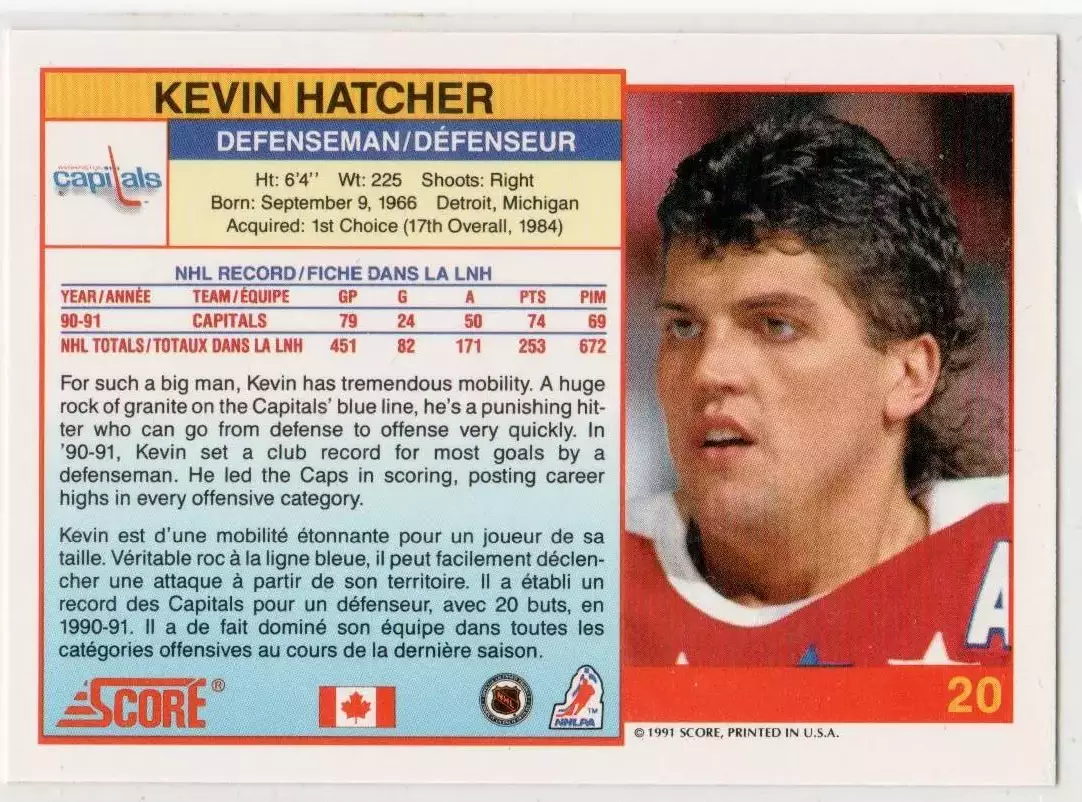 1991-92 Score Canadian Bilingual #20 Kevin Hatcher 1