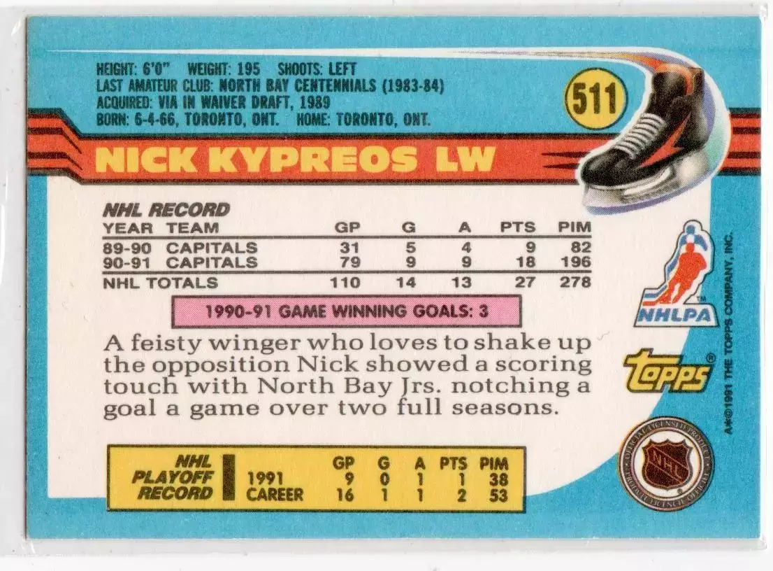 1991-92 Topps #511 Nick Kypreos \ Enforcer 1