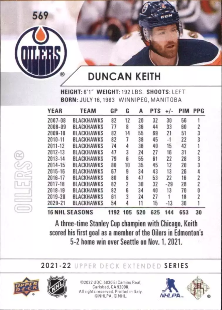 2021-22 Upper Deck #569 Duncan Keith 1