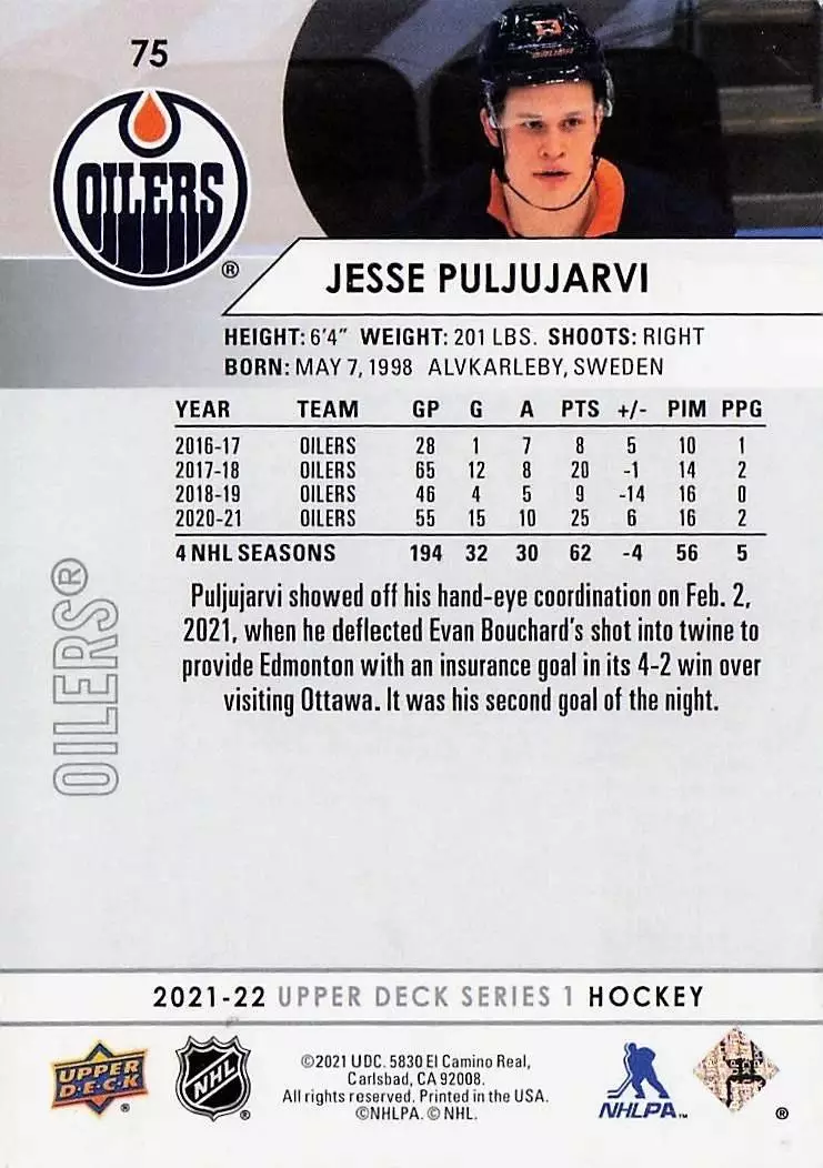 2021-22 Upper Deck #75 Jesse Puljujarvi 1