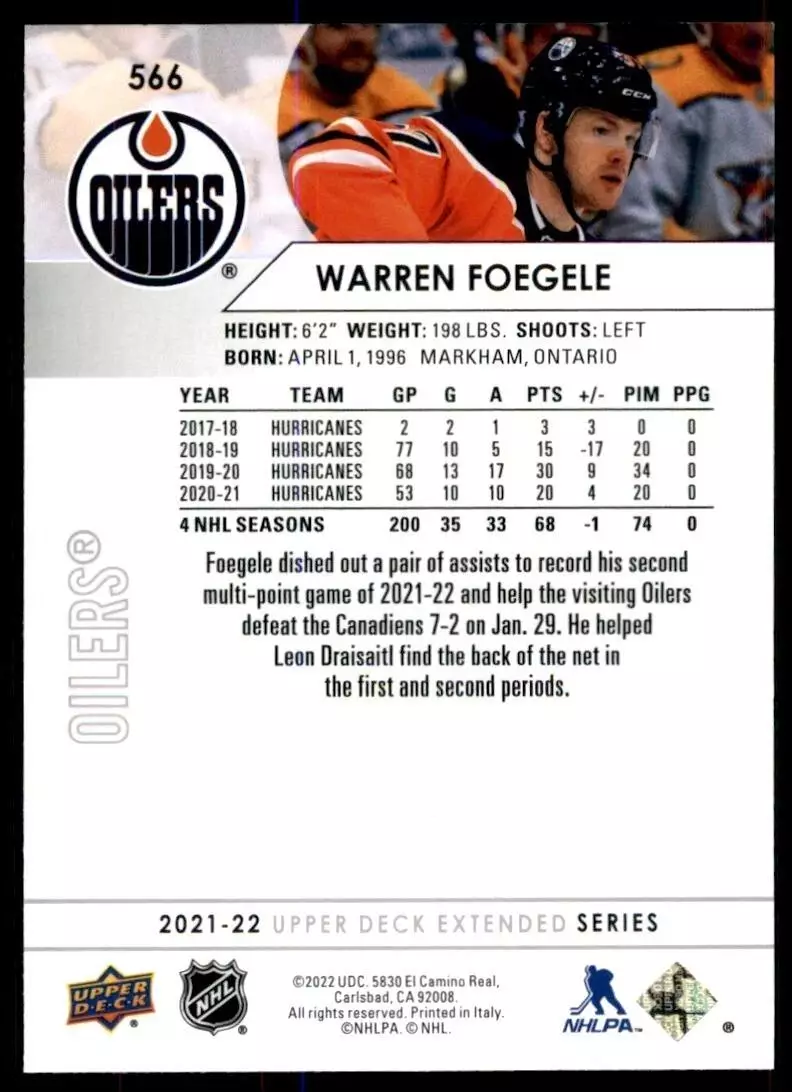 2021-22 Upper Deck #566 Warren Foegele 1