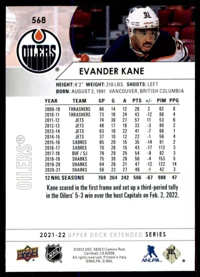 2021-22 Upper Deck #568 Evander Kane 1